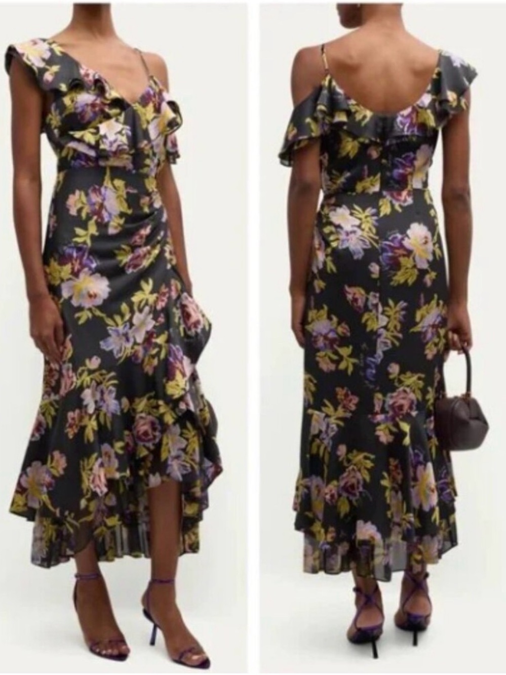 cinq a sept Black Floral Ruffle High-Low Dress NEW